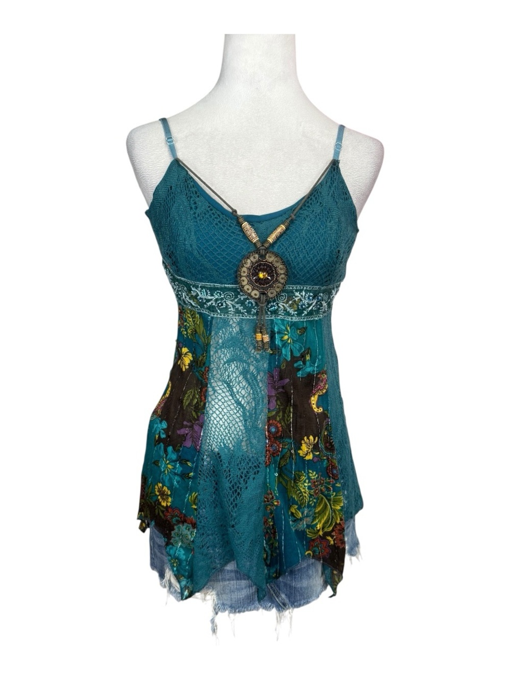 French Teal Floral Lace-Panel Spaghetti Strap Camisole
